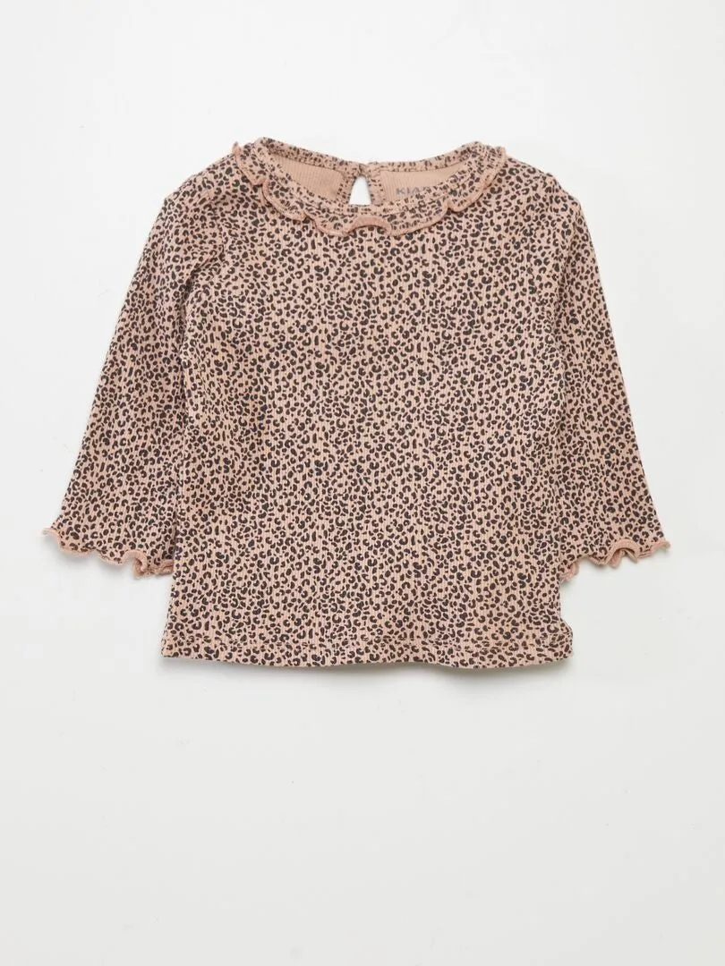 CAMISETA DE PUNTO DE CANALé CON VOLANTE EN EL CUELLO  BEIGE