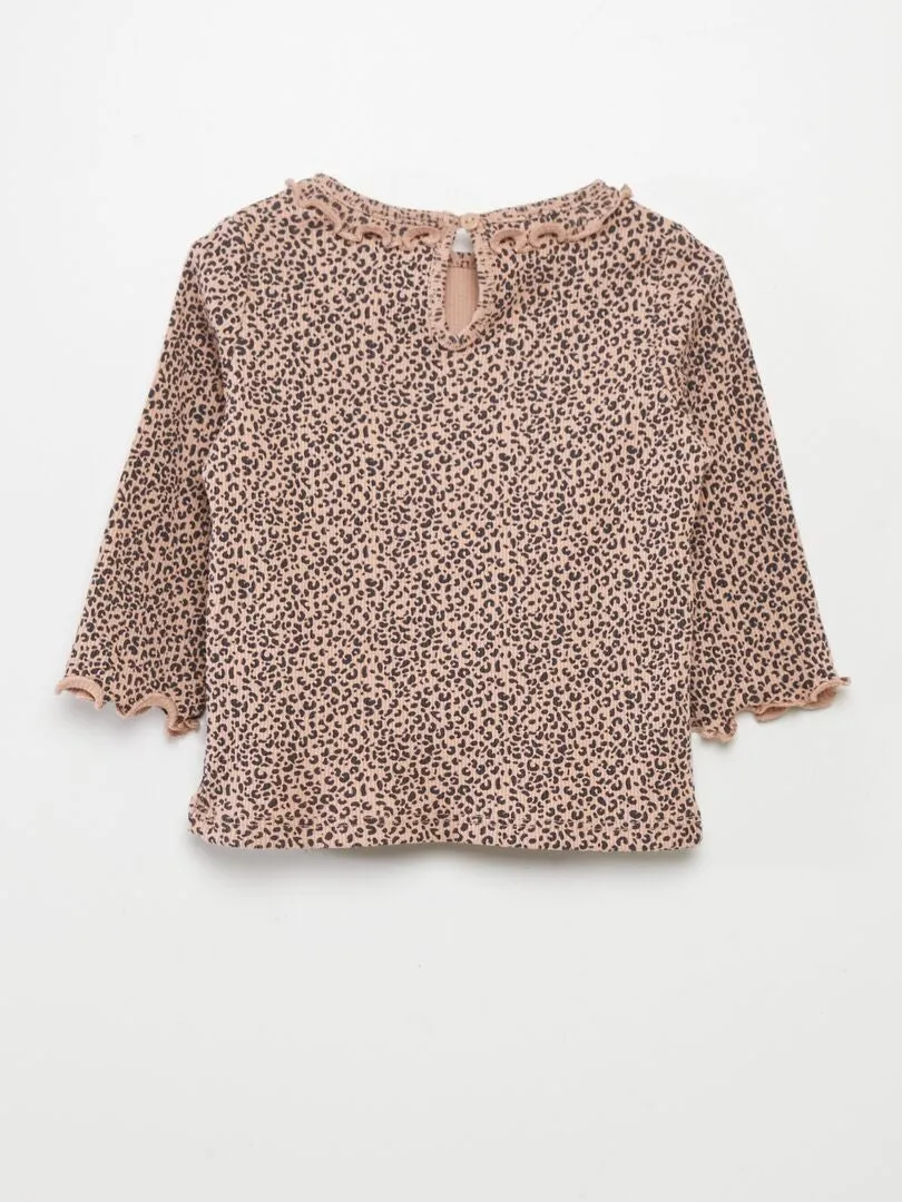 CAMISETA DE PUNTO DE CANALé CON VOLANTE EN EL CUELLO  BEIGE