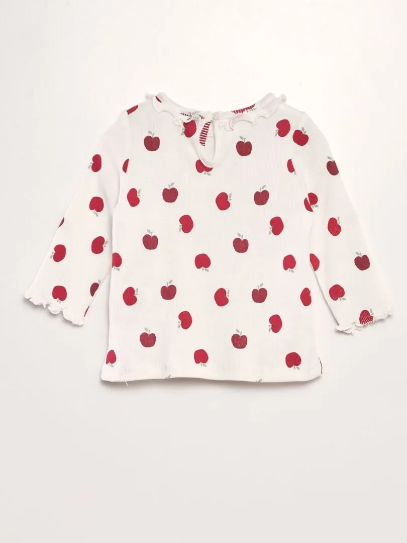 CAMISETA DE PUNTO DE CANALé CON VOLANTE EN EL CUELLO  BLANCO