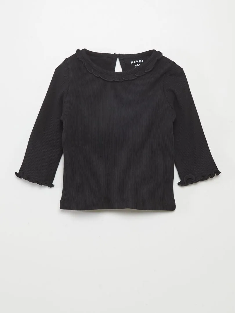 CAMISETA DE PUNTO DE CANALé CON VOLANTE EN EL CUELLO  NEGRO