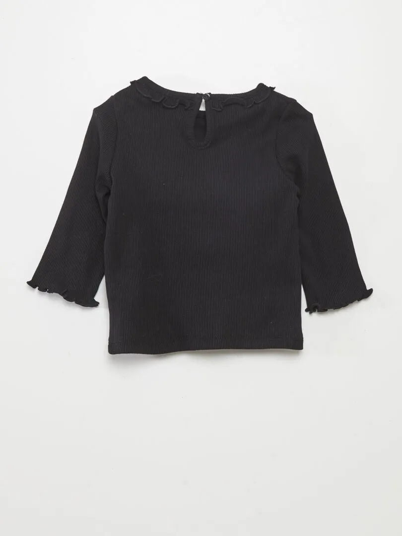 CAMISETA DE PUNTO DE CANALé CON VOLANTE EN EL CUELLO  NEGRO