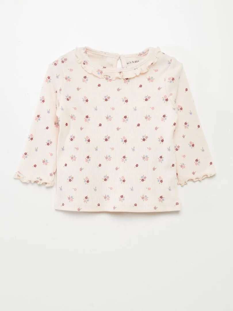 CAMISETA DE PUNTO DE CANALé CON VOLANTE EN EL CUELLO  ROSA