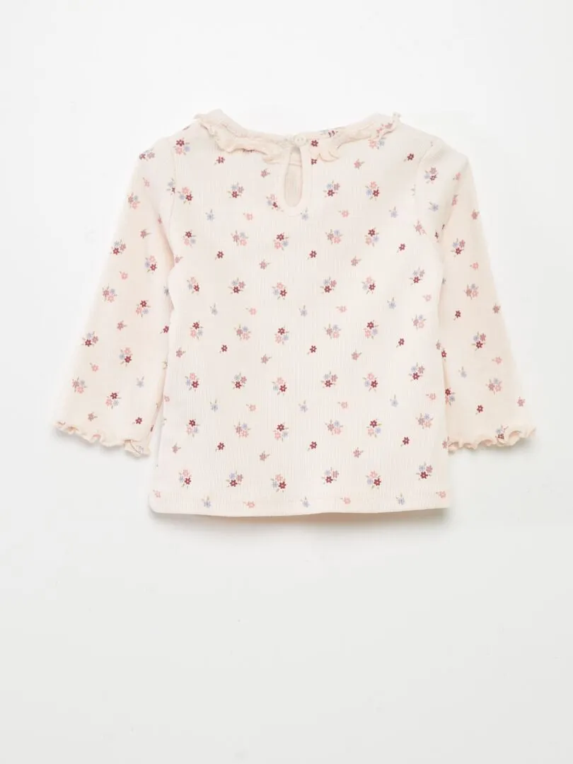 CAMISETA DE PUNTO DE CANALé CON VOLANTE EN EL CUELLO  ROSA