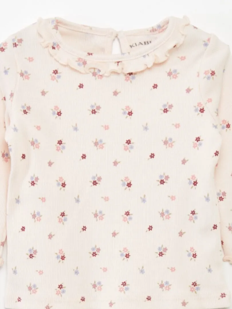 CAMISETA DE PUNTO DE CANALé CON VOLANTE EN EL CUELLO  ROSA