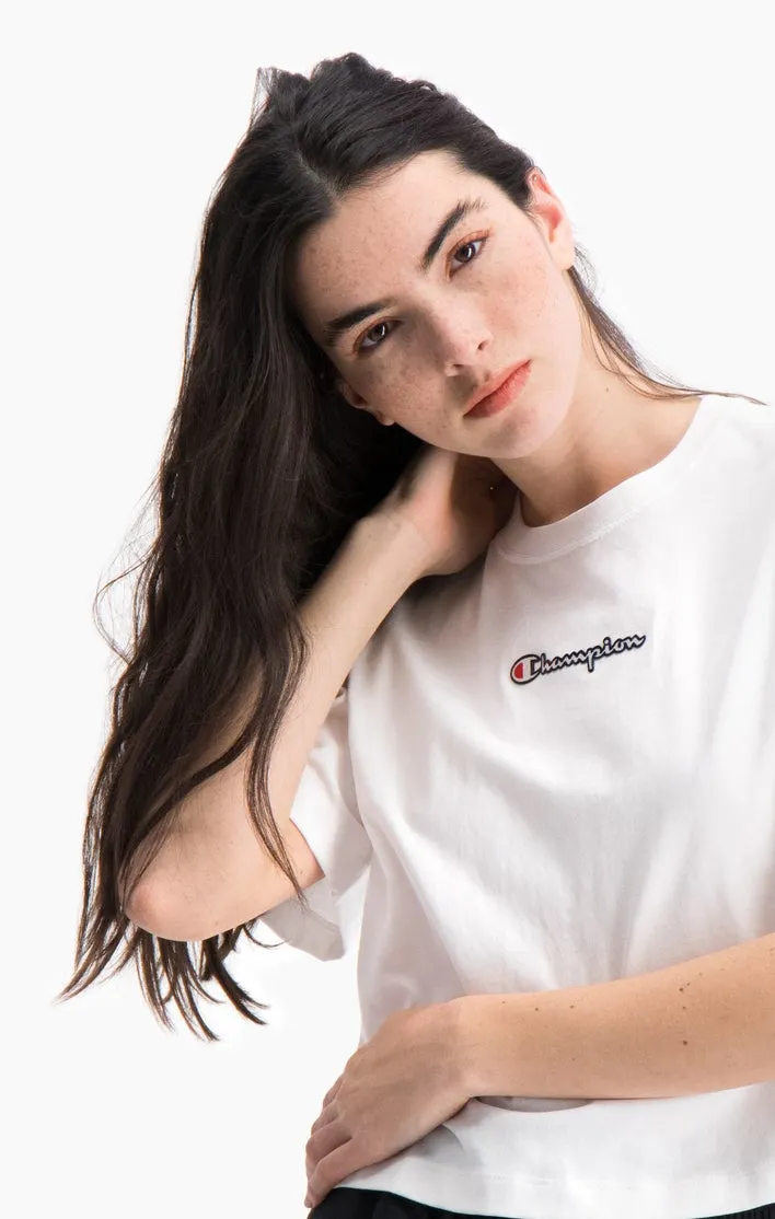 CAMISETA MANGA CORTA CHAMPION CHICA SCRIPT LOGO CROPPED BOXY TSHIRT REF. 112652 BLANCA LOGO PEQUEñO BRILLANTE