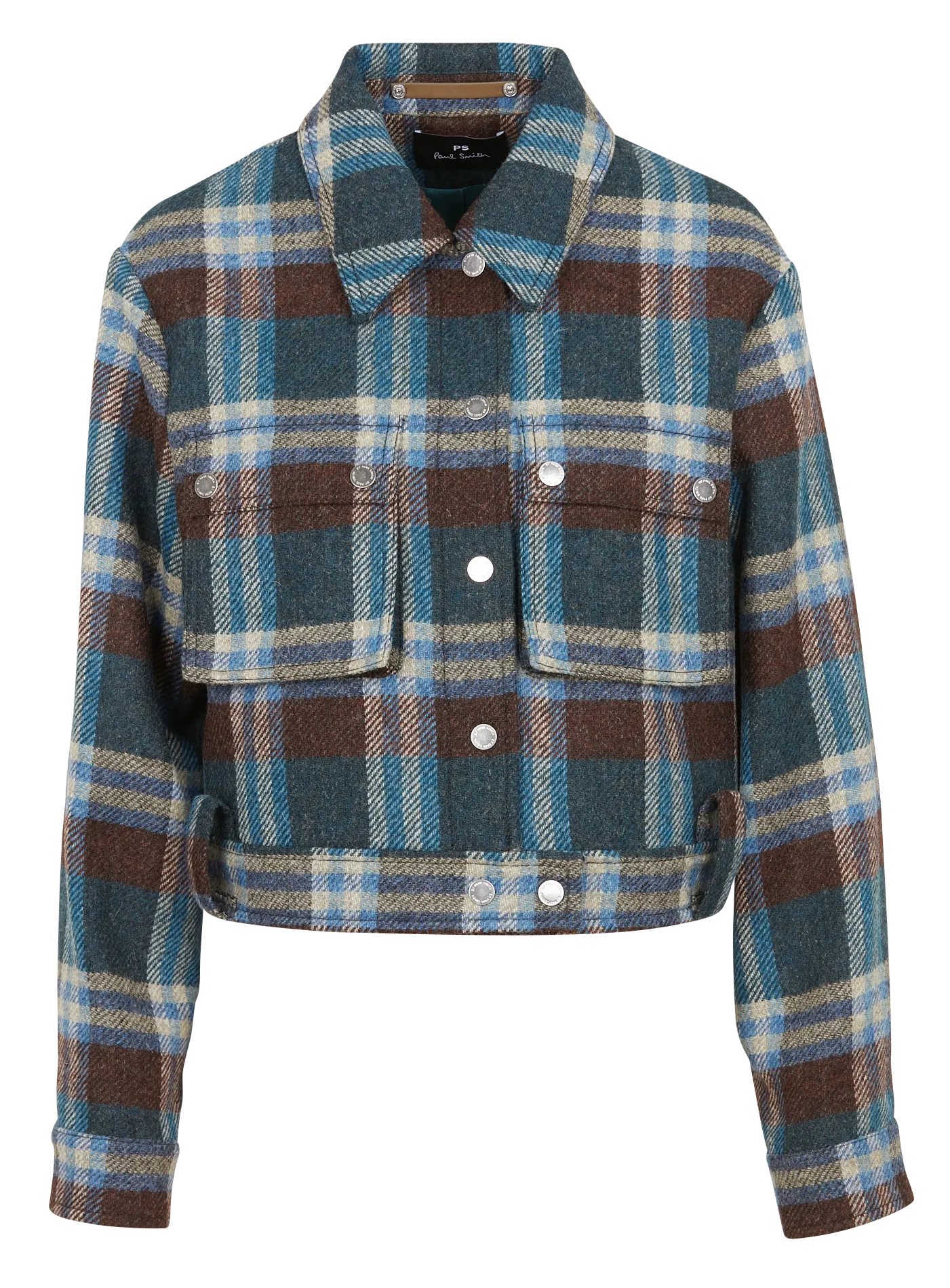 Chaqueta corta de lana con cuello clásico de cuadros en azul