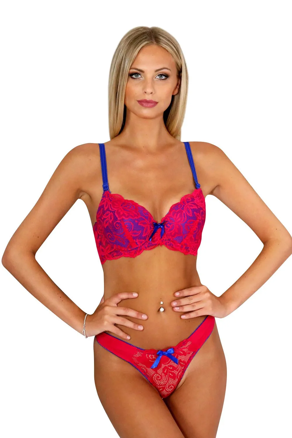 Conjunto de lencería azul y encaje fucsia