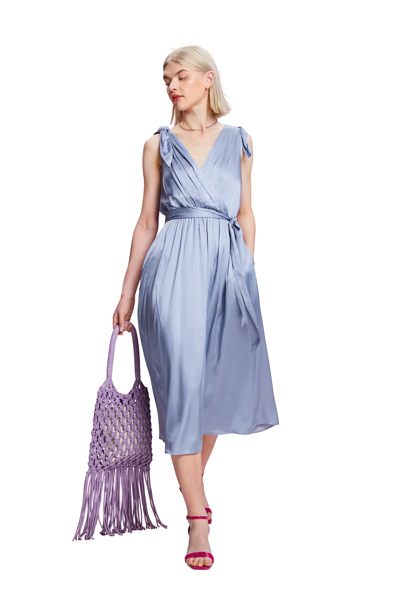 Esprit Vestido satinado midi tirantes lazos