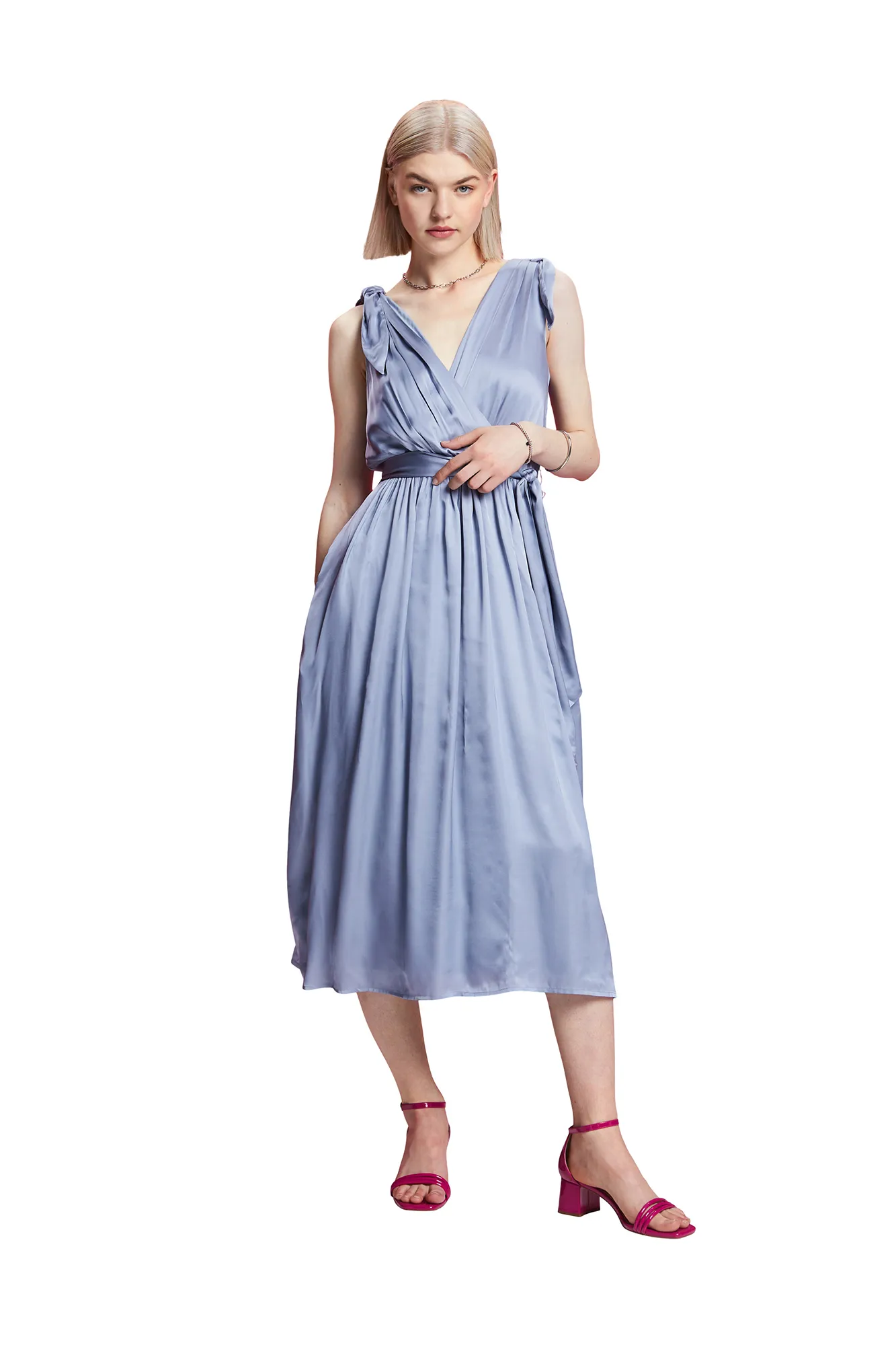 Esprit Vestido satinado midi tirantes lazos