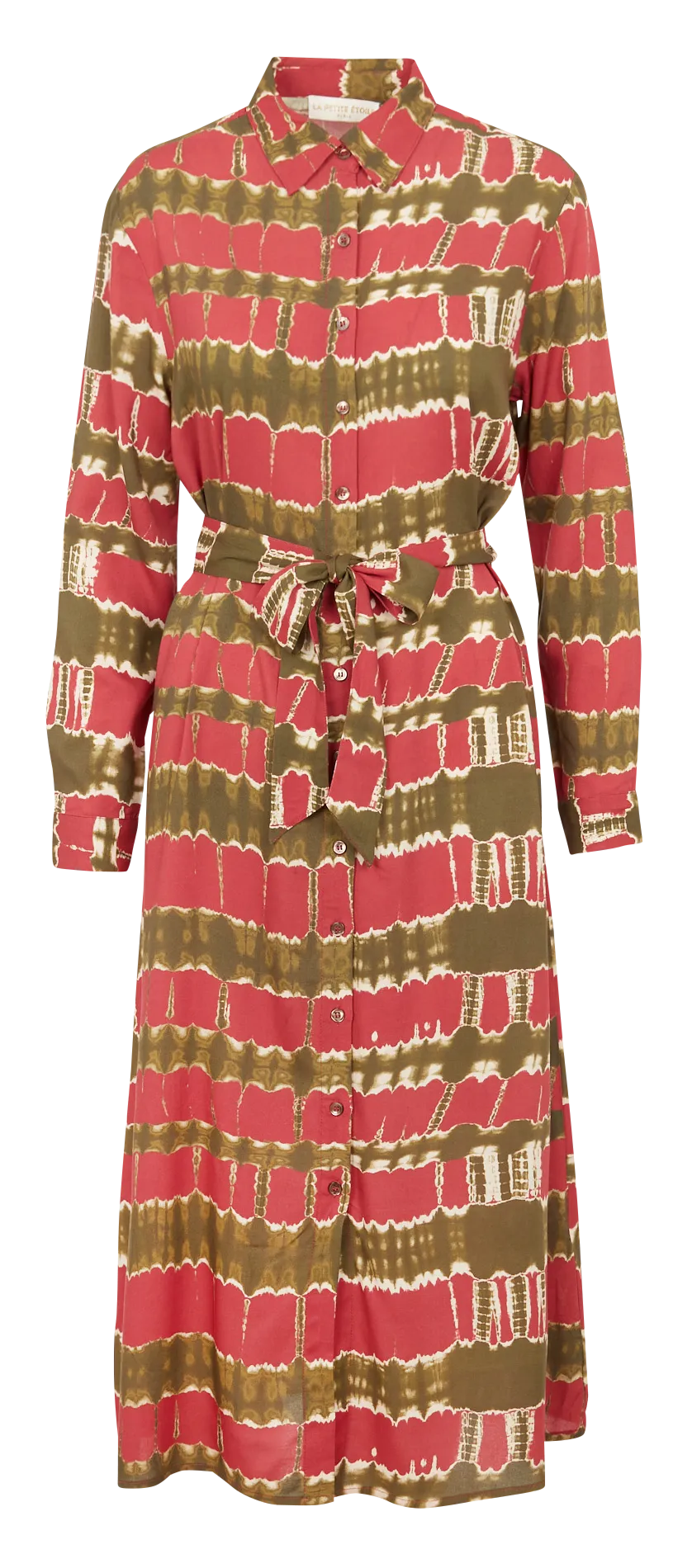 GAIA  VESTIDO MIDI CON CUELLO CLáSICO ESTAMPADO TIEDYE EN ROSA