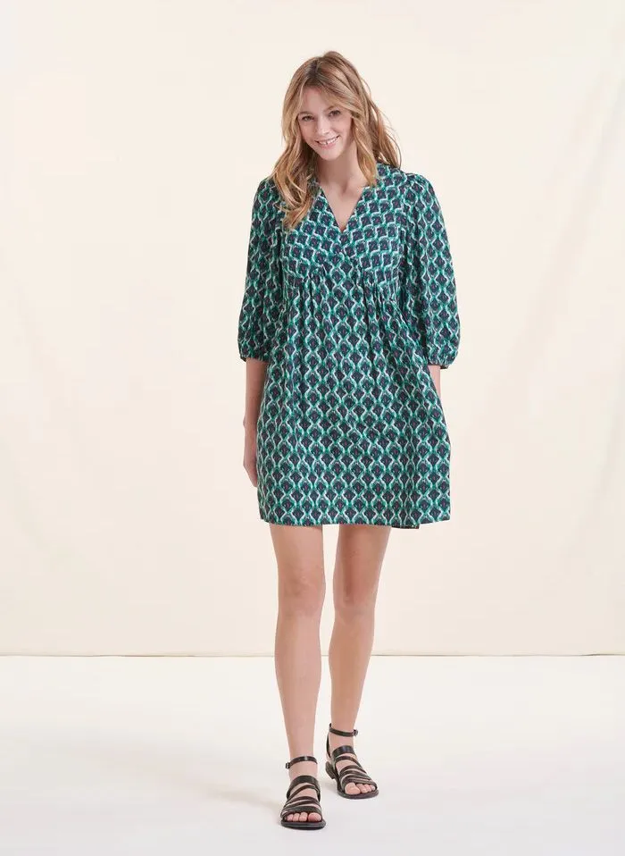 LA FEE MARABOUTEE Vestido corto entallado con cuello de pico y estampado en azul