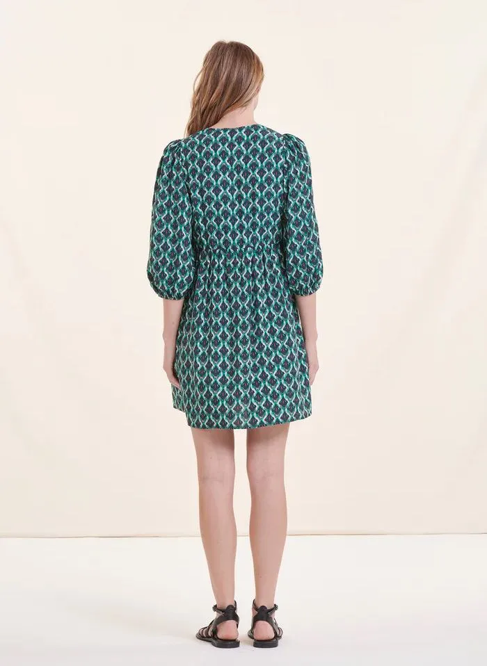 LA FEE MARABOUTEE Vestido corto entallado con cuello de pico y estampado en azul