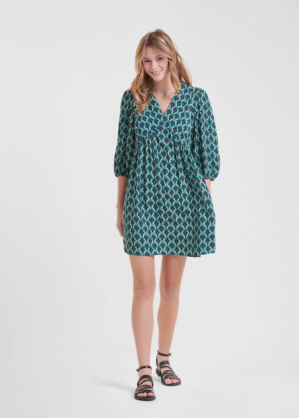 LA FEE MARABOUTEE Vestido corto entallado con cuello de pico y estampado en azul