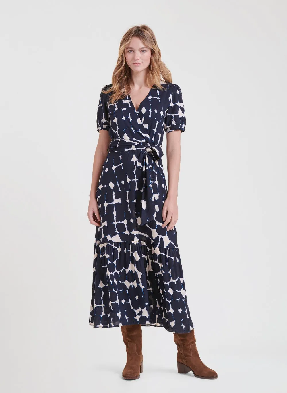 LA FEE MARABOUTEE Vestido largo entallado y estampado con escote corazón y talle alto en azul