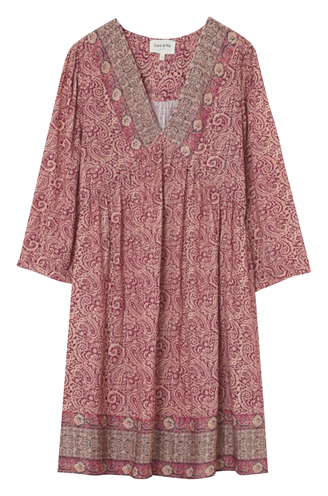 LOUISIANA  VESTIDO CORTO ESTAMPADO CON CUELLO DE PICO EN ROSA