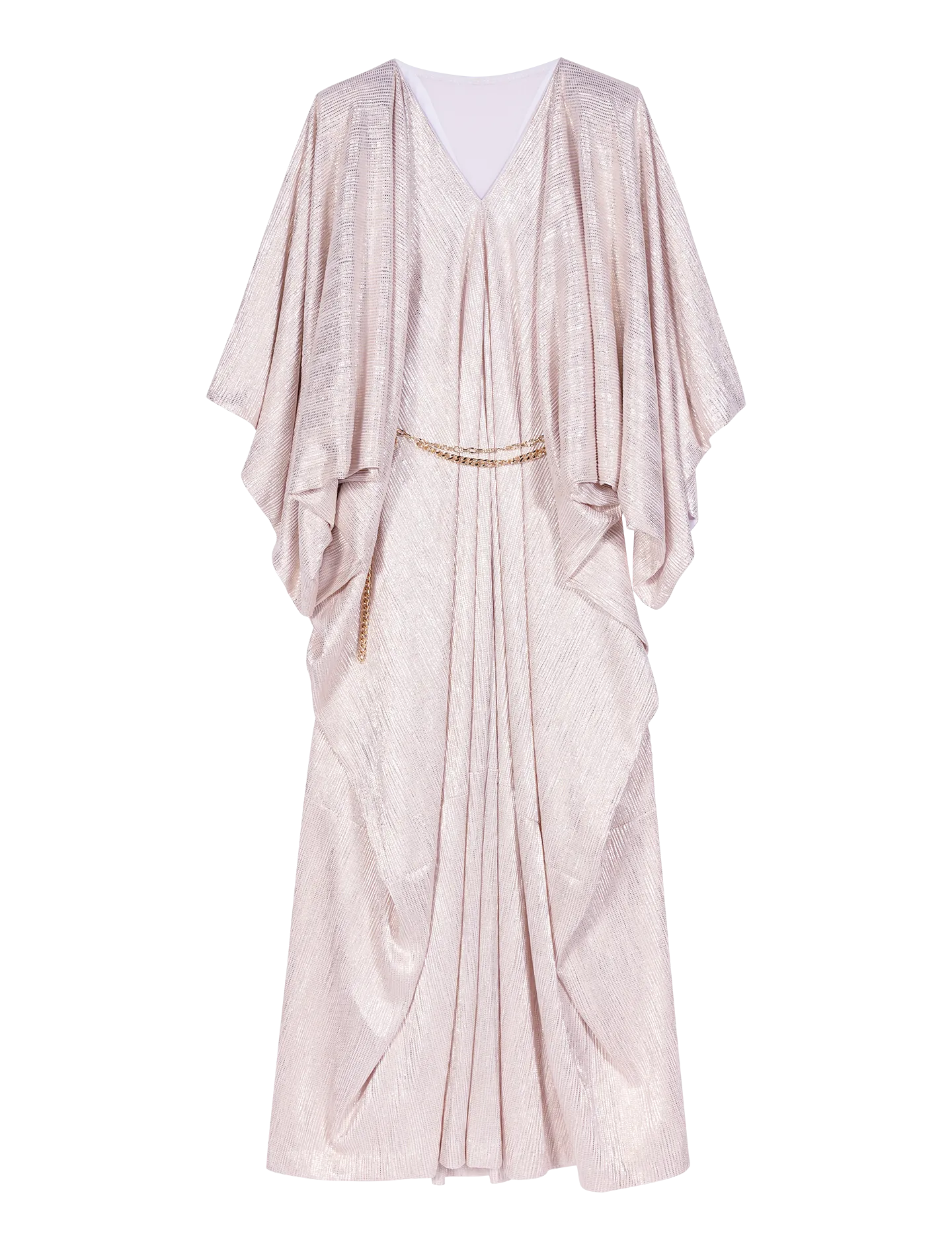 MAJE Vestido largo con cuello de pico drapeado con lentejuelas en rosa