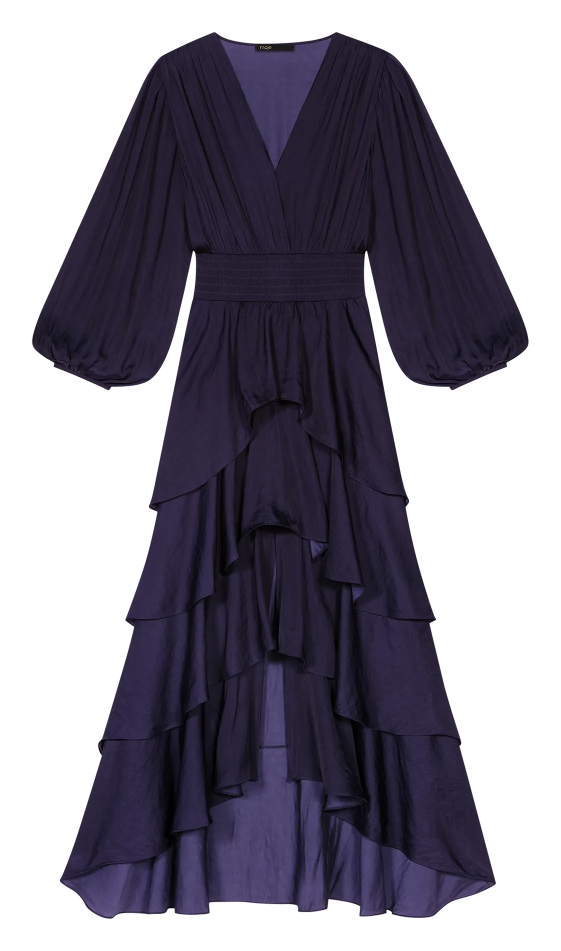 MAJE Vestido largo con cuello de pico y volantes en azul