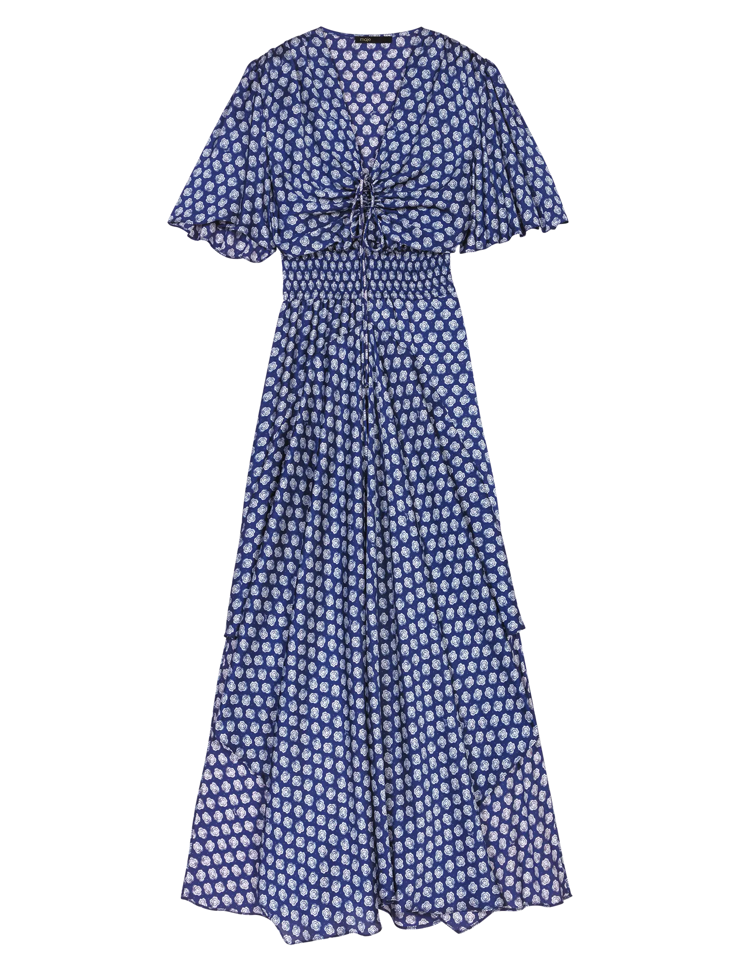MAJE Vestido largo entallado con escote en V estampado en azul