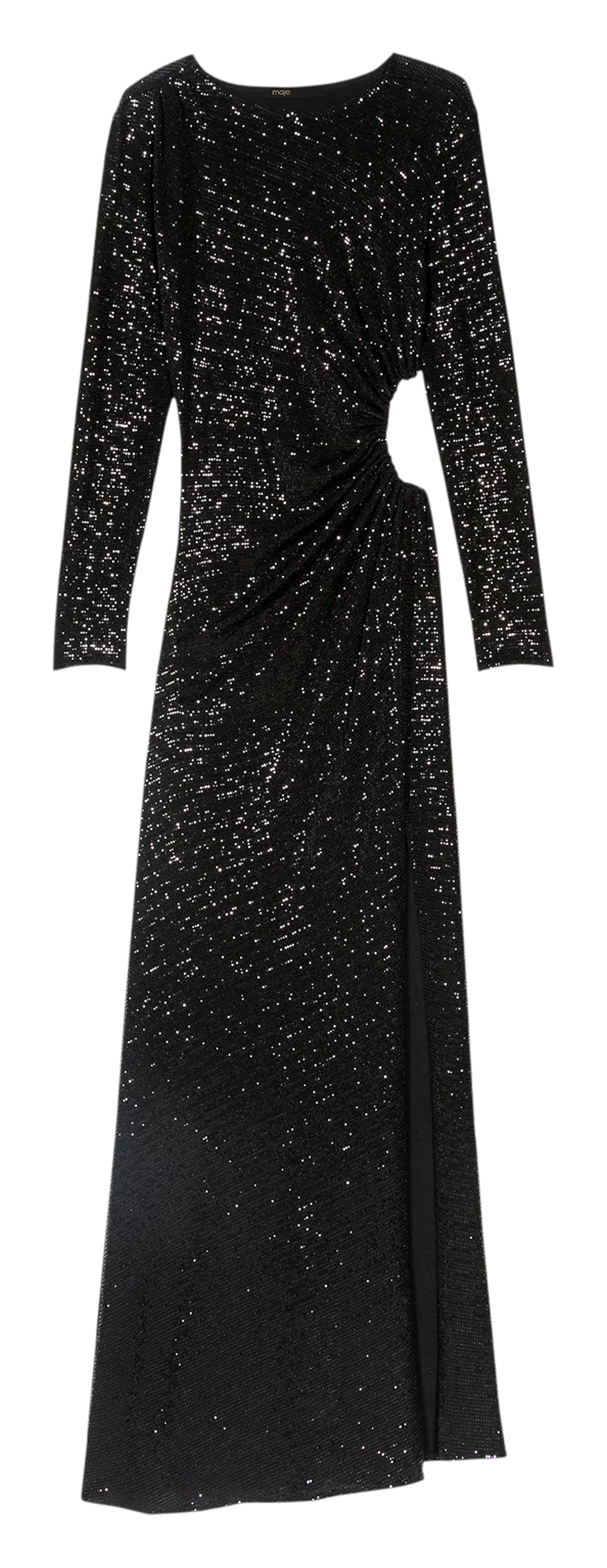 MAJE Vestido largo vaporoso natural y cuello redondo en negro