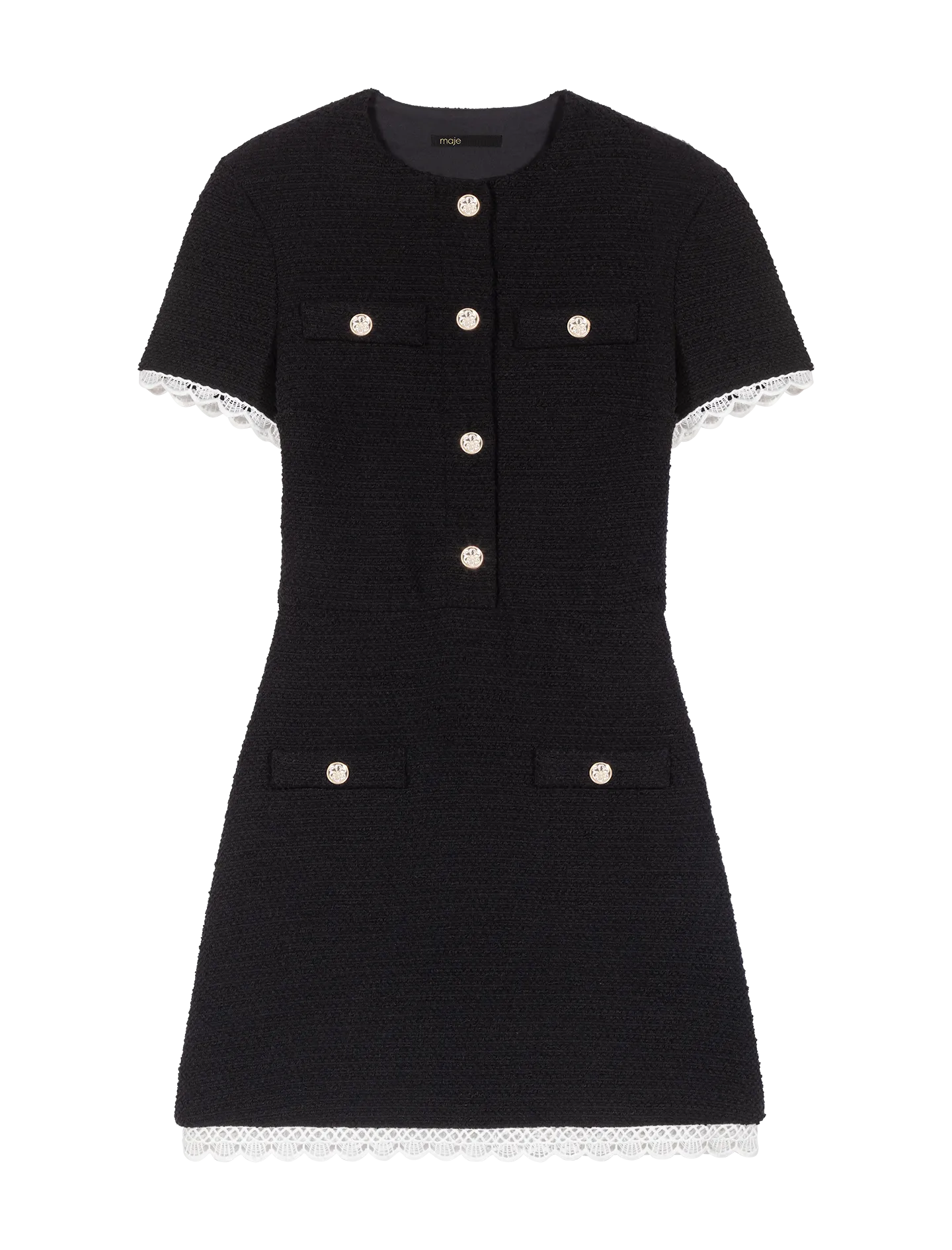 MAJE Vestido recto con cuello redondo y encaje en negro