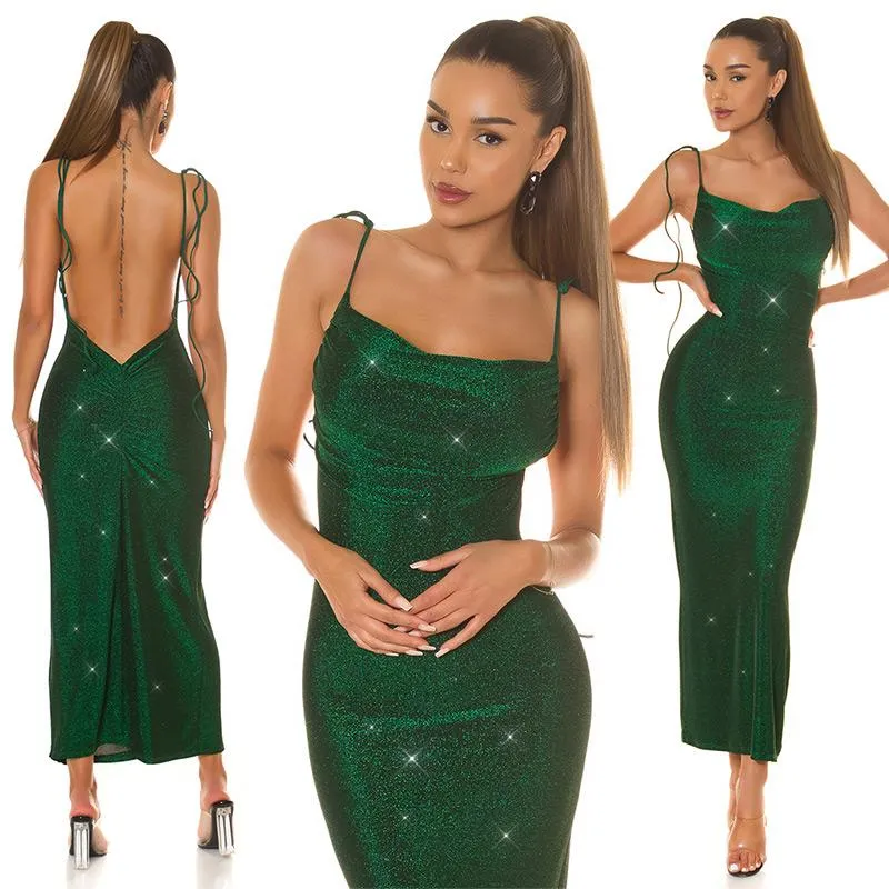 Maxi vestido con brillo de fiesta verde 