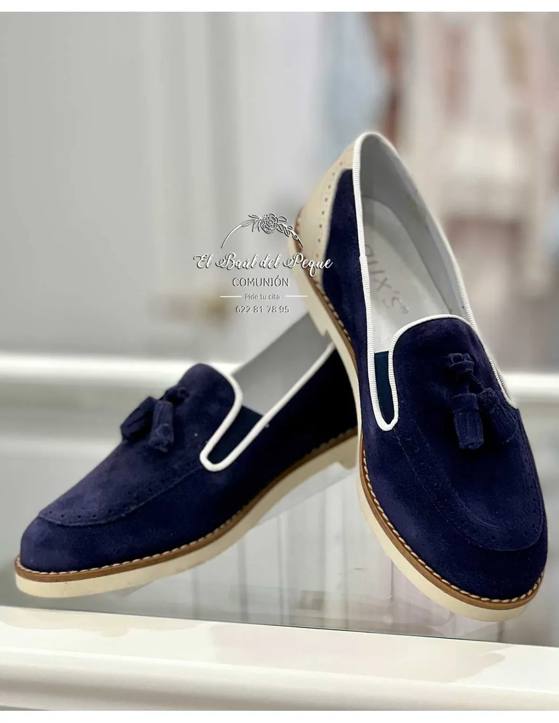 Mocasín Niño Comunión Borlas Afelpado Azul Marino Guxs