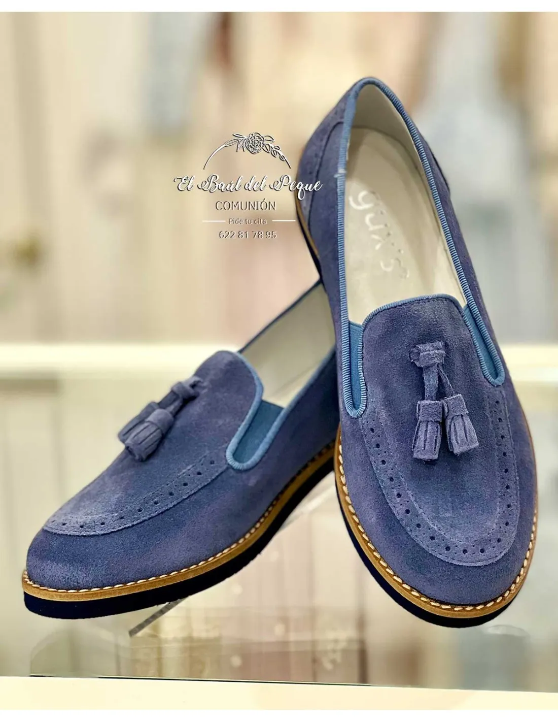 Mocasín Niño Comunión y Vestir Borlas Afelpado Azul Guxs