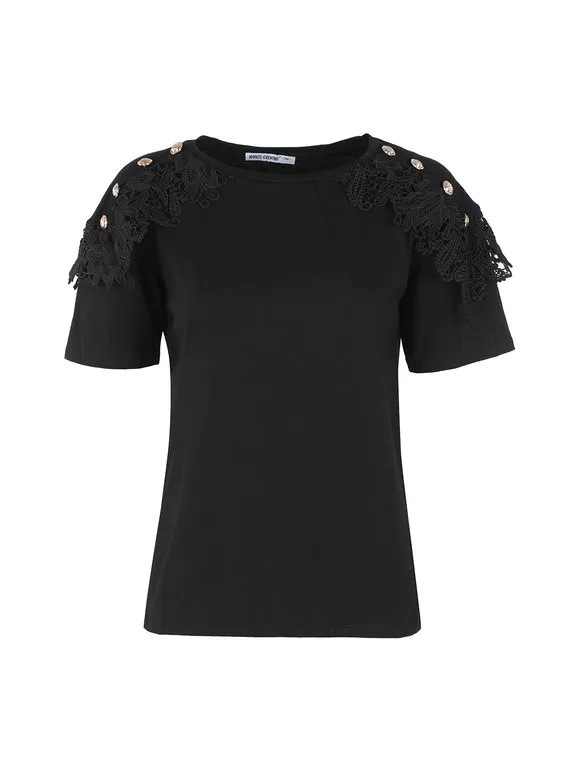 Monte Cervino Camiseta de mujer con bordado macramé y botones decorados