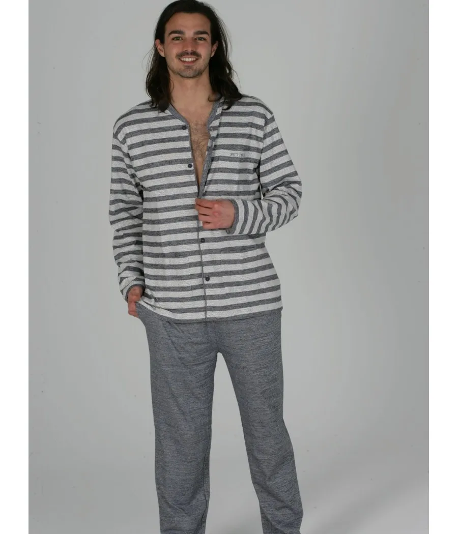 Pijama abierto hombre clásico Pettrus gris punto algodón