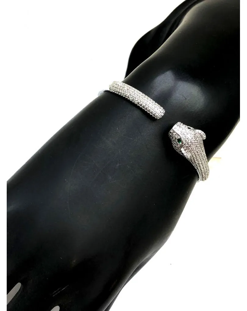 PULSERAS PLATEADAS CABEZA DE LEOPARDO CON CIRCONITAS