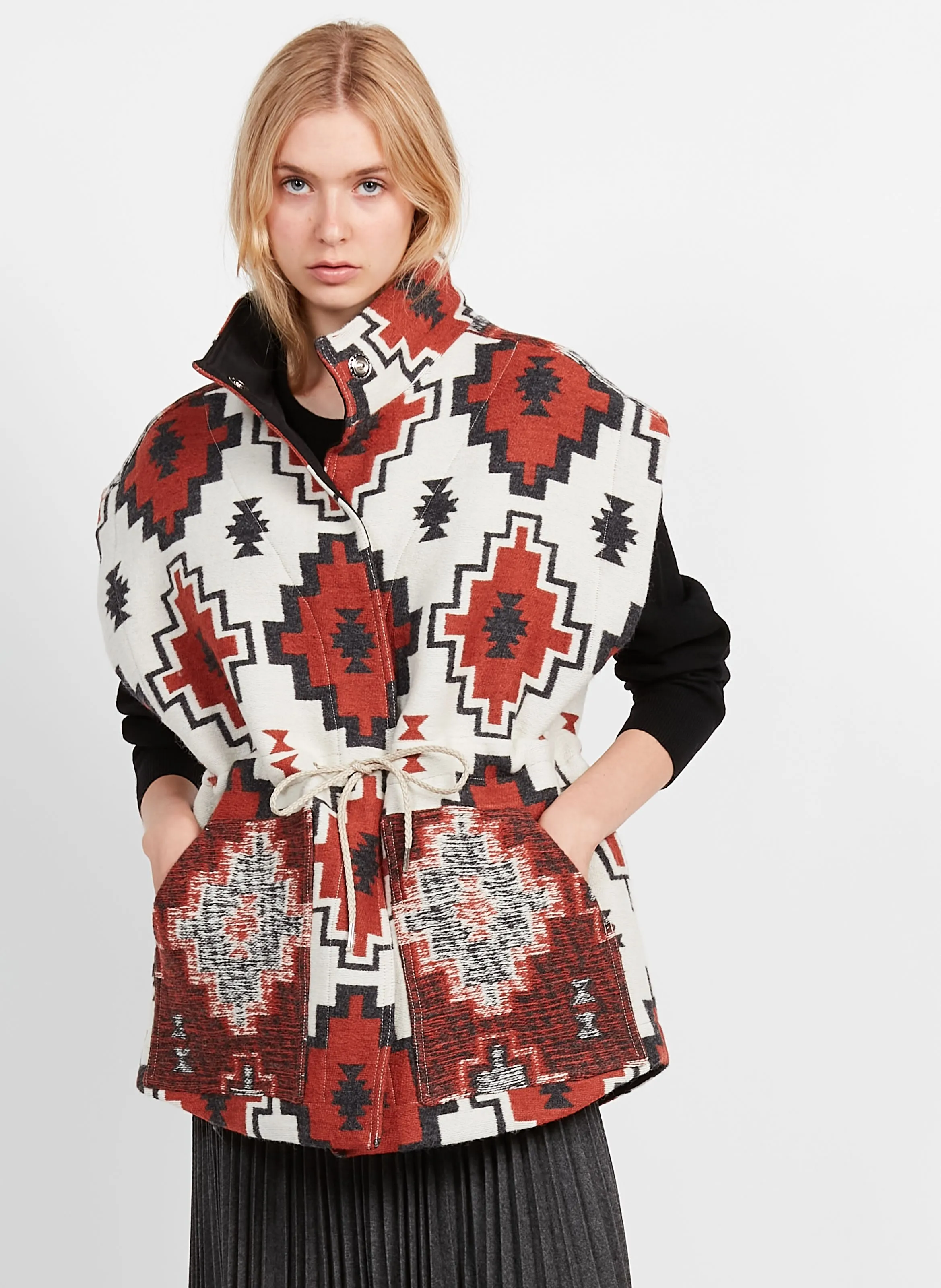 RINAR  CHAQUETA ESTAMPADA DE MEZCLA DE LANA CON CUELLO ALTO EN BEIGE