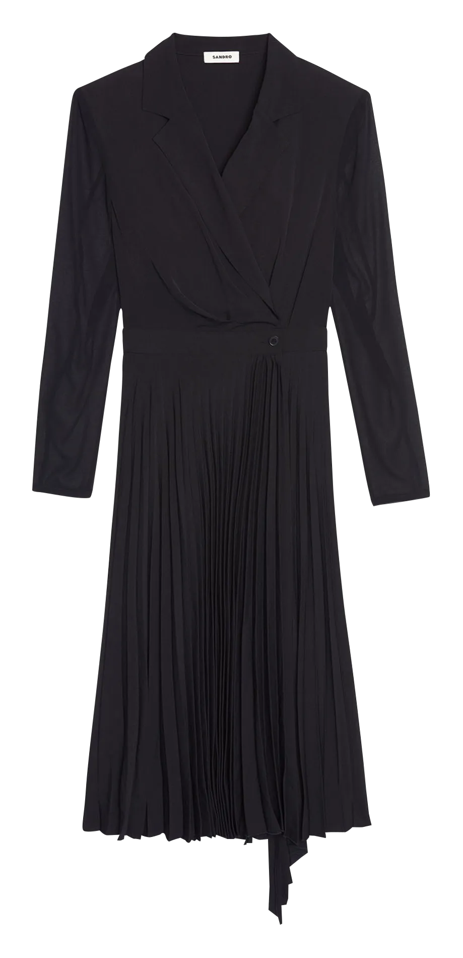 SANDRO Vestido midi cruzado y plisado en negro