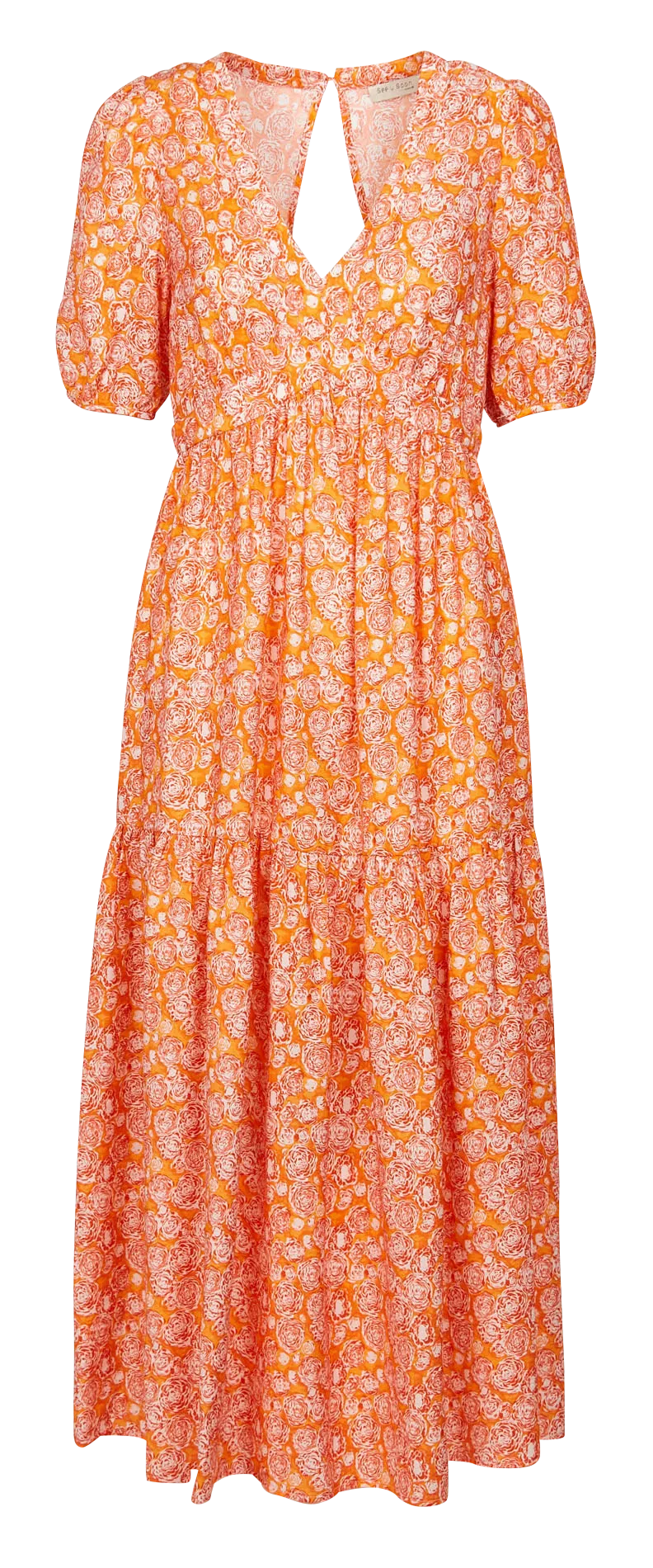SEE U SOON Vestido largo recto estampado con cuello de pico en naranja
