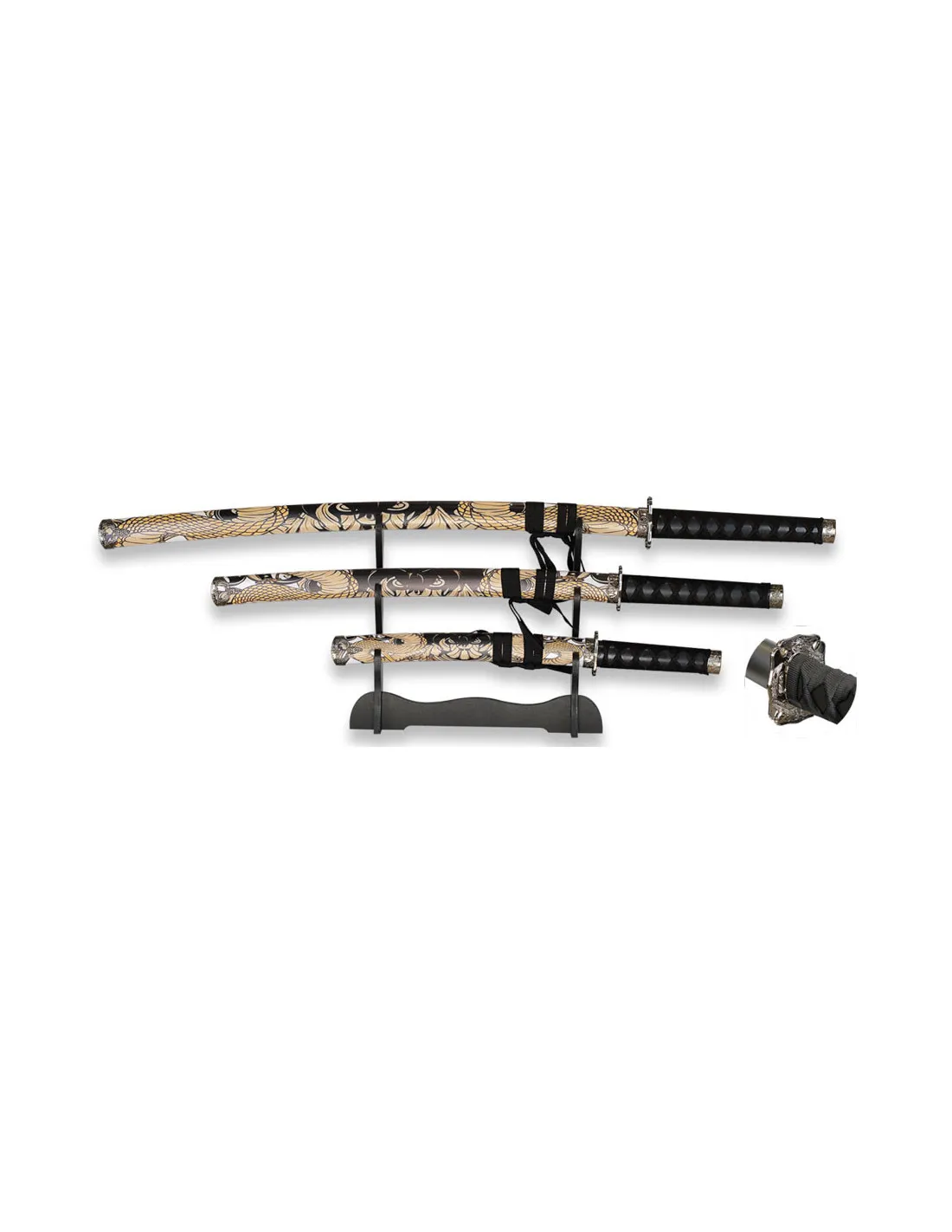 Set 3 katanas Dragón Tole 10, con stand de madera