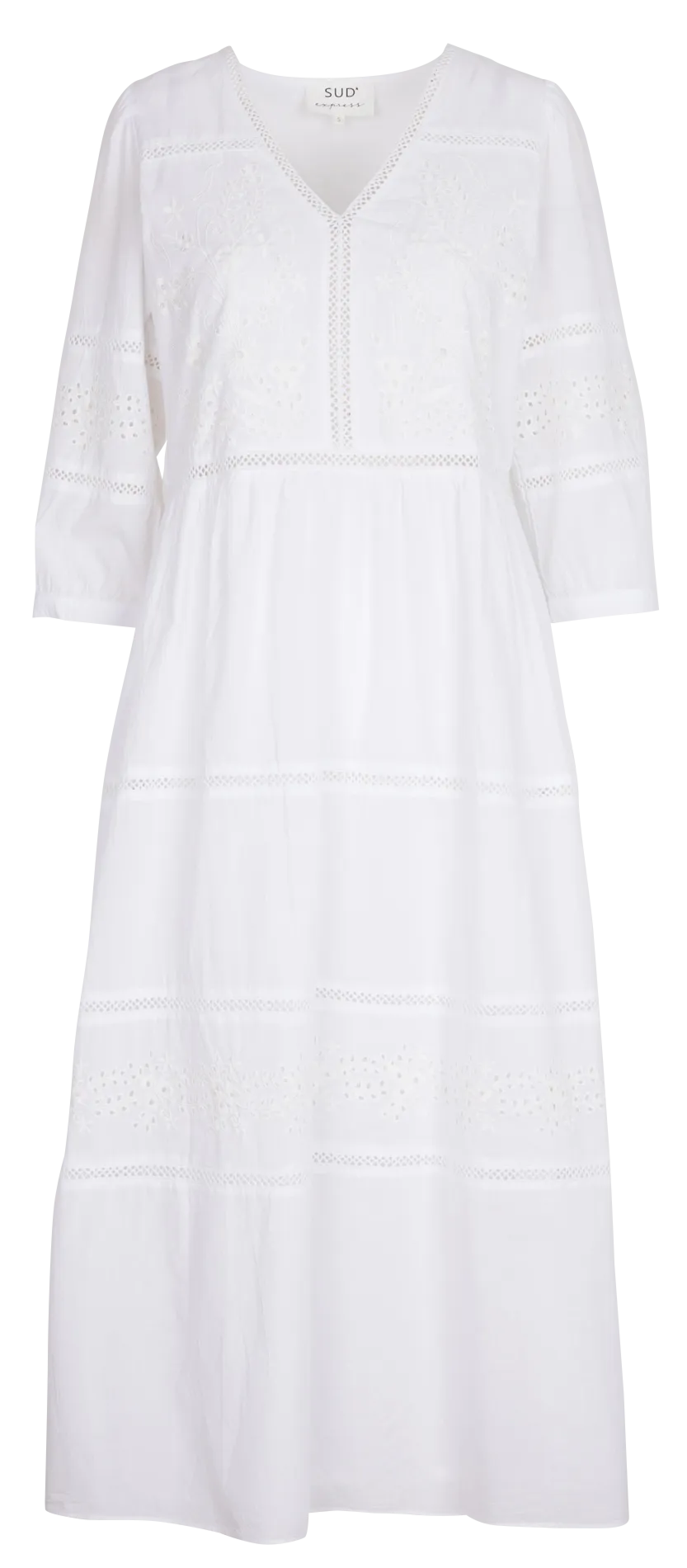 SUD EXPRESS ROSENDO  VESTIDO MIDI BORDADO DE ALGODóN CON CUELLO EN V EN BLANCO