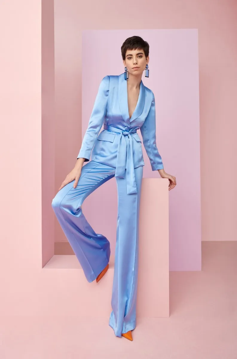Traje chaqueta y pantalón satén azul Biscayne