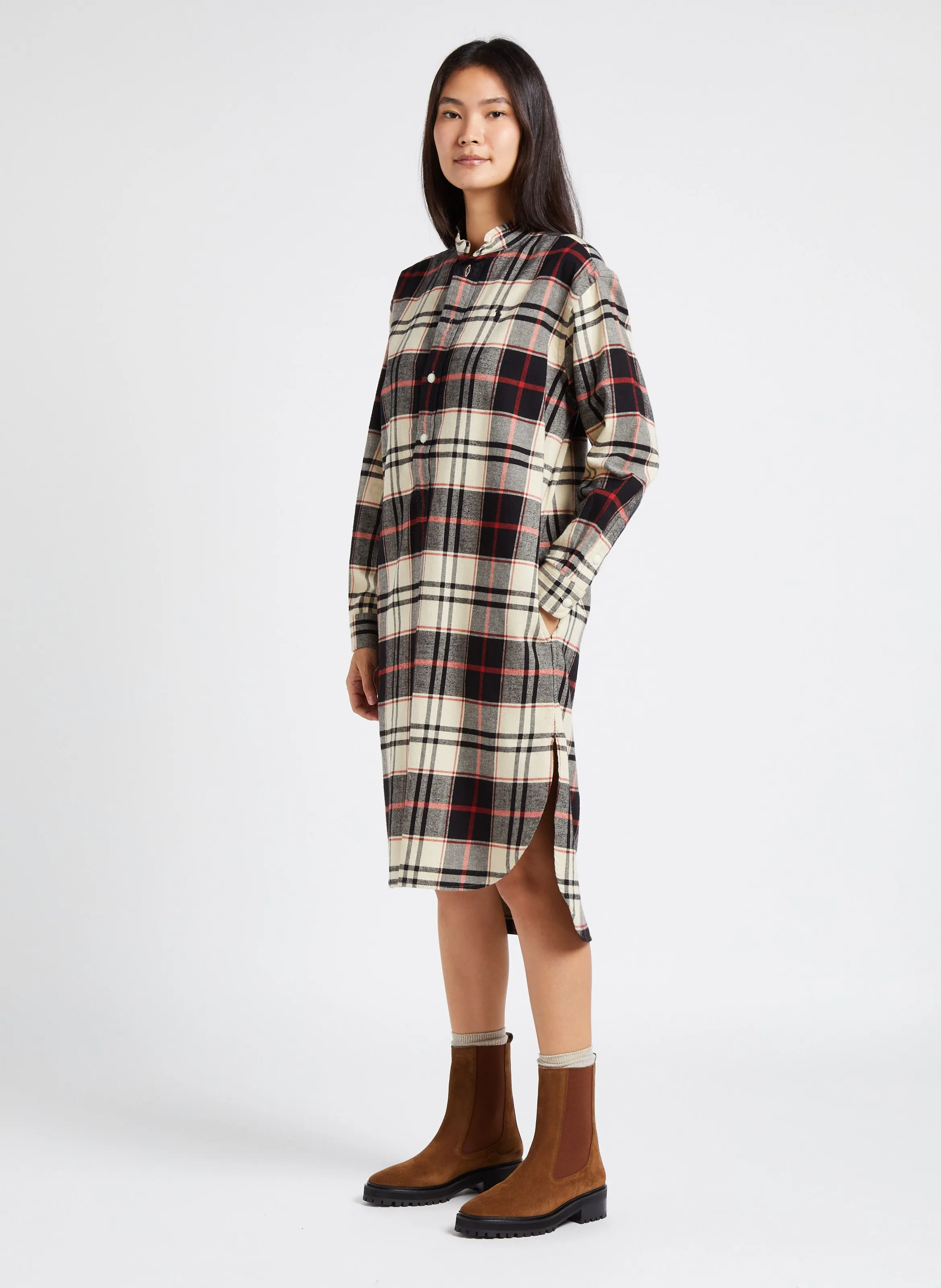 Vestido camisero de algodón a cuadros con cuello mao en multicolor