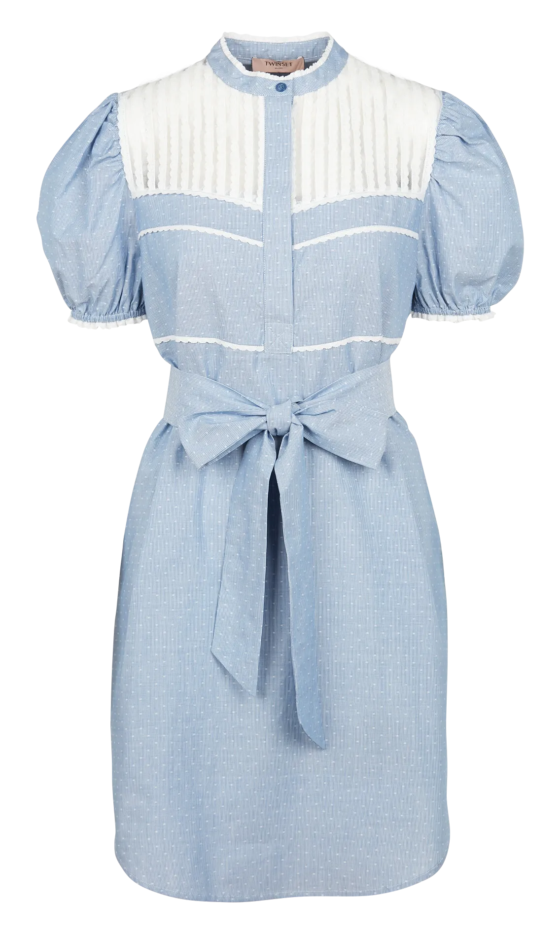 Vestido corto de jacquard de algodón con cuello mao en azul
