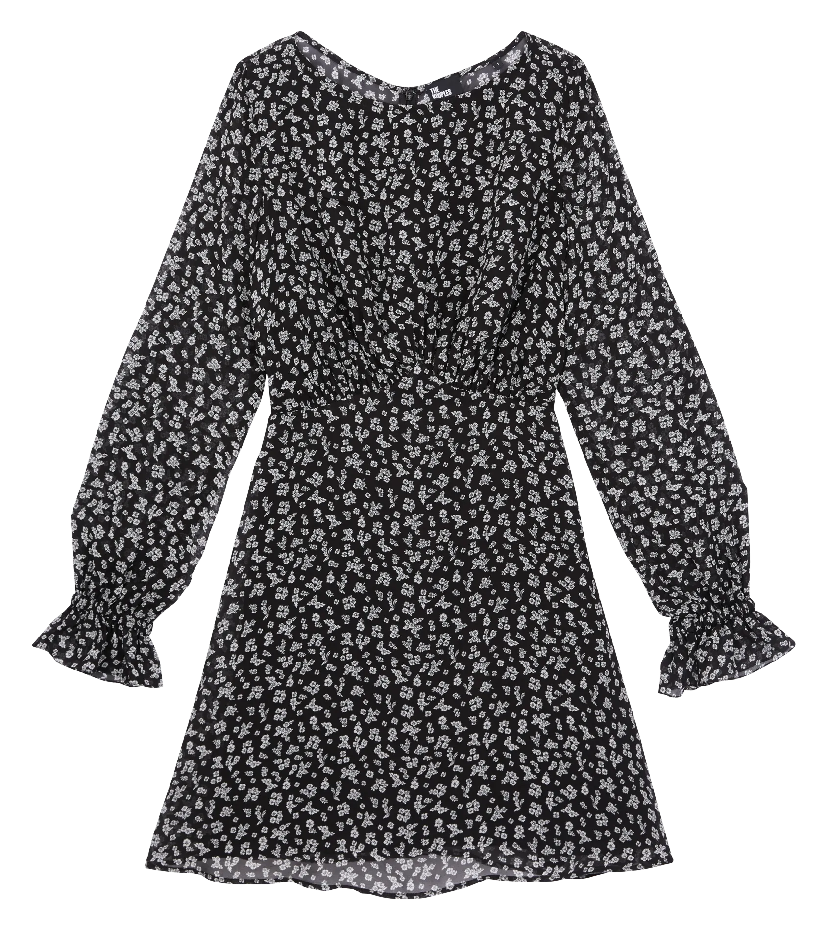 Vestido corto estampado con cuello barco en negro