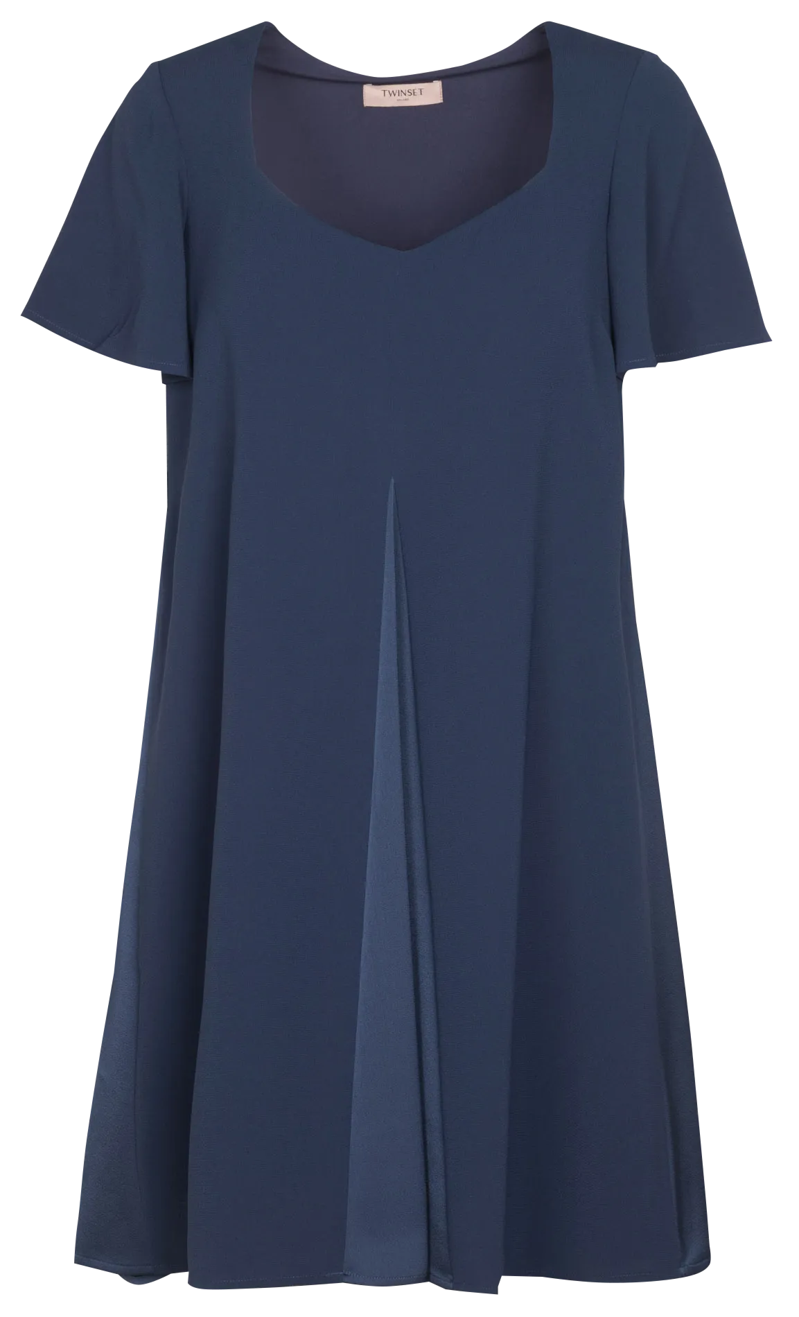 Vestido corto evasé con cuello de pico en azul
