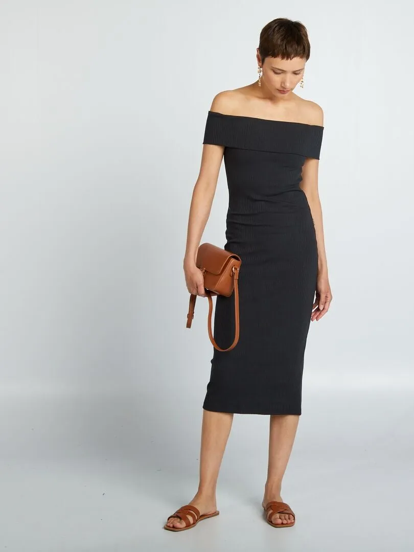 VESTIDO ENTALLADO DE PUNTO DE CANALé CON CUELLO BARDOT  NEGRO