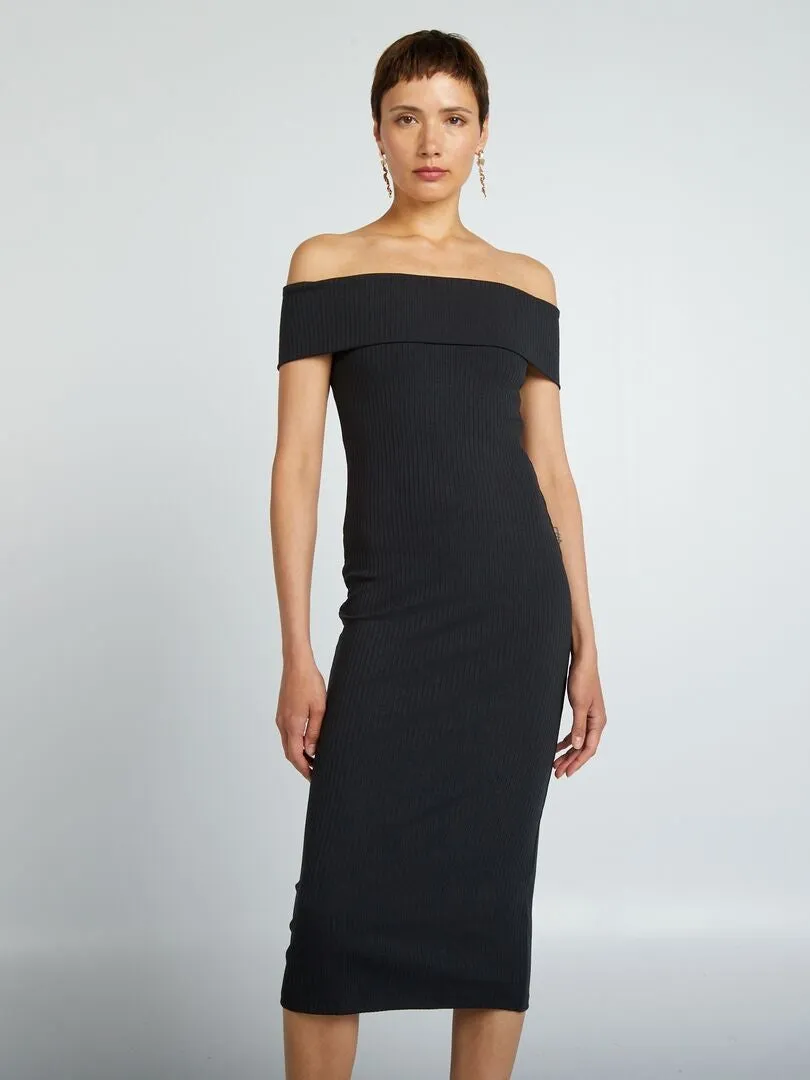 VESTIDO ENTALLADO DE PUNTO DE CANALé CON CUELLO BARDOT  NEGRO