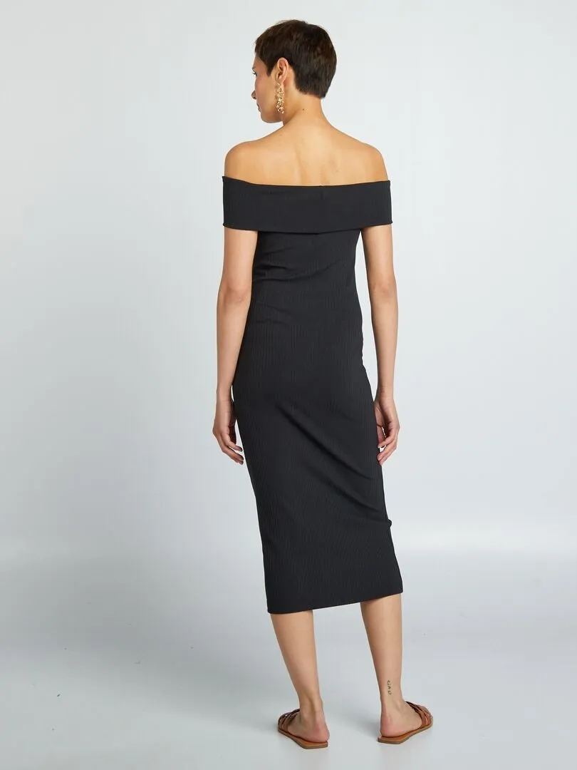 VESTIDO ENTALLADO DE PUNTO DE CANALé CON CUELLO BARDOT  NEGRO