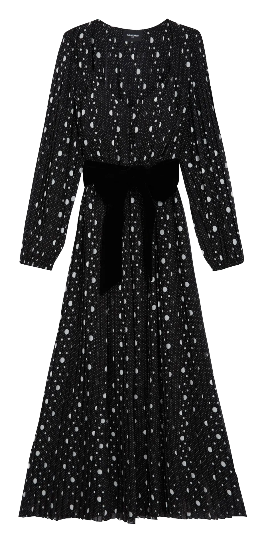 Vestido largo de lunares con cuello de pico en negro