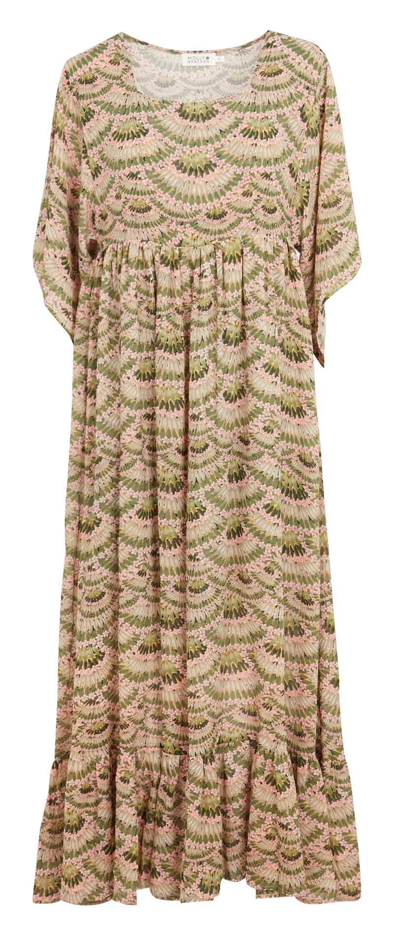 Vestido largo estampado con cuello cuadrado en caqui