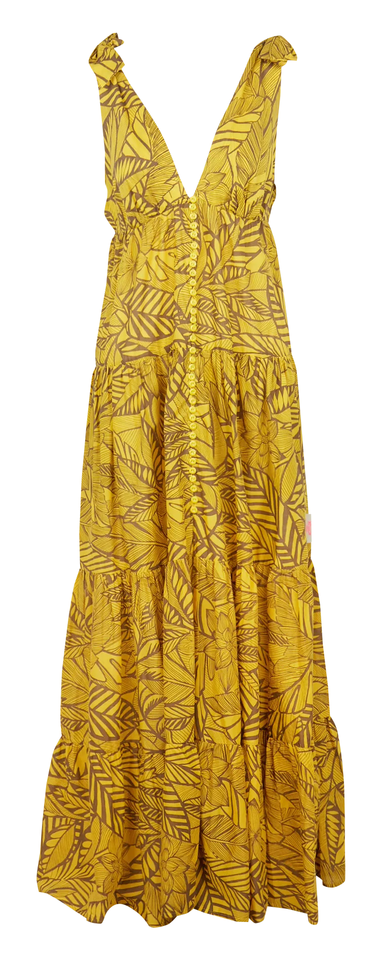 Vestido largo estampado de algodón con cuello de pico en amarillo