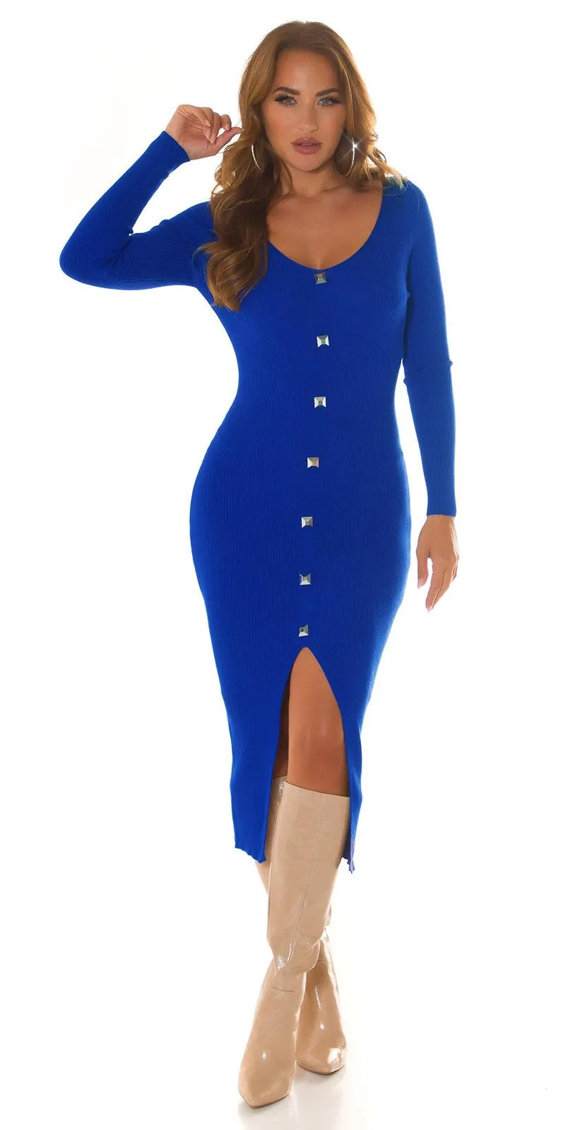 Vestido maxi de punto con aberturas azul