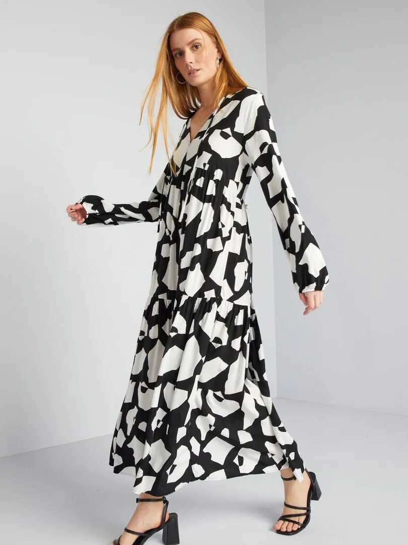 VESTIDO MIDI ESTAMPADO CUELLO PANADERO  NEGRO