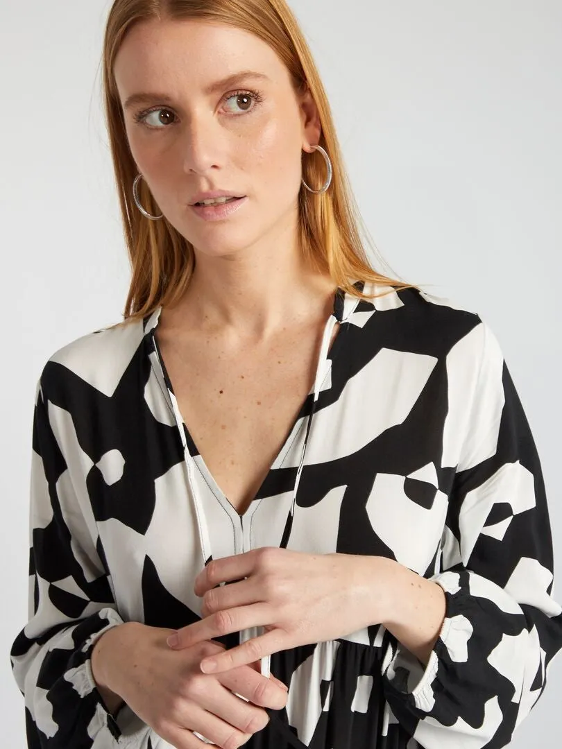 VESTIDO MIDI ESTAMPADO CUELLO PANADERO  NEGRO