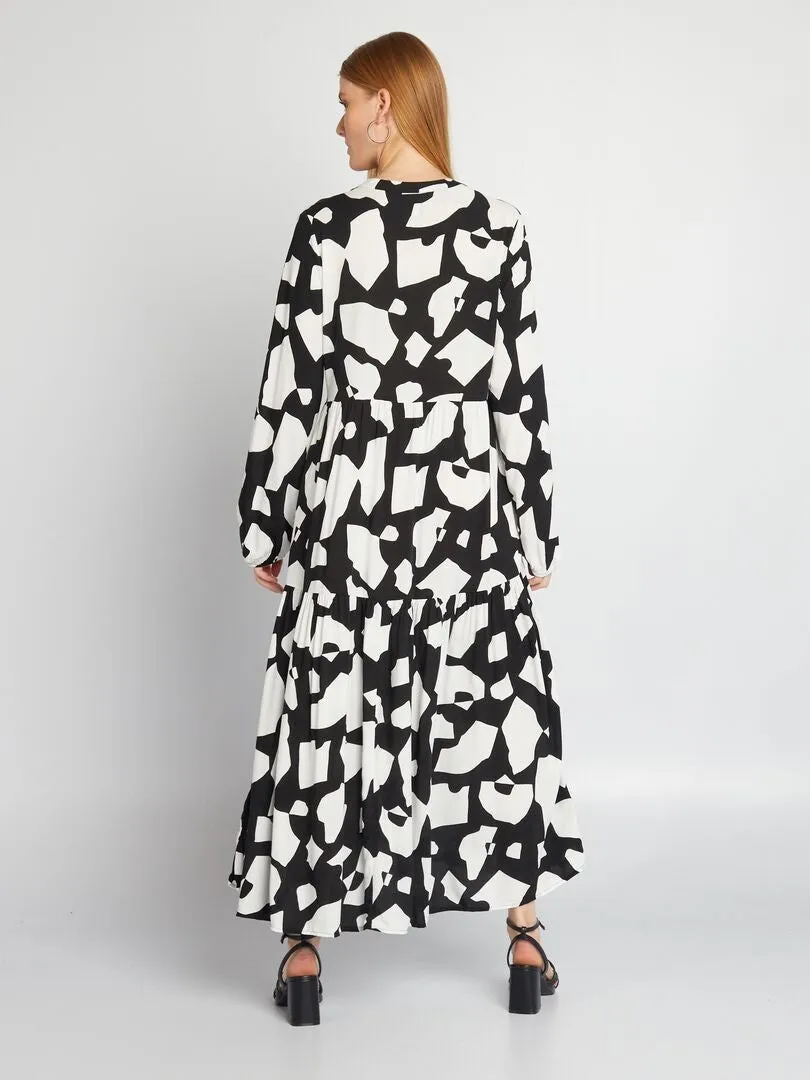 VESTIDO MIDI ESTAMPADO CUELLO PANADERO  NEGRO